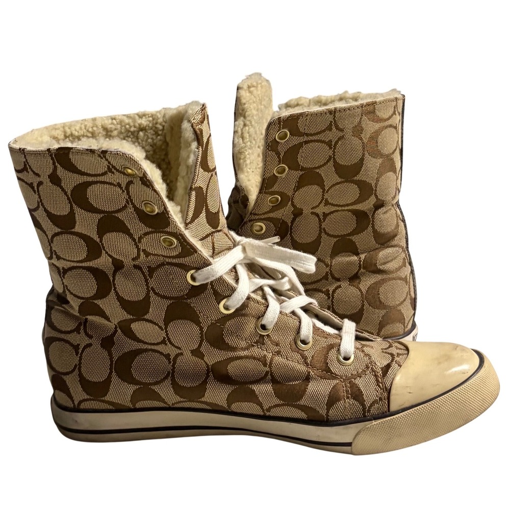 Coach Bonney Shearling High Top Sneakers Signature C Monogram Brown Tan 
Sz 9.5 - Picture 9 of 11